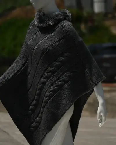Grey cable-knit poncho